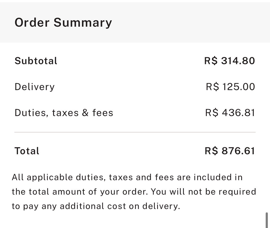 Resumo real de compra internacional com produto de R$ 314,80 e custo final de R$ 876,61